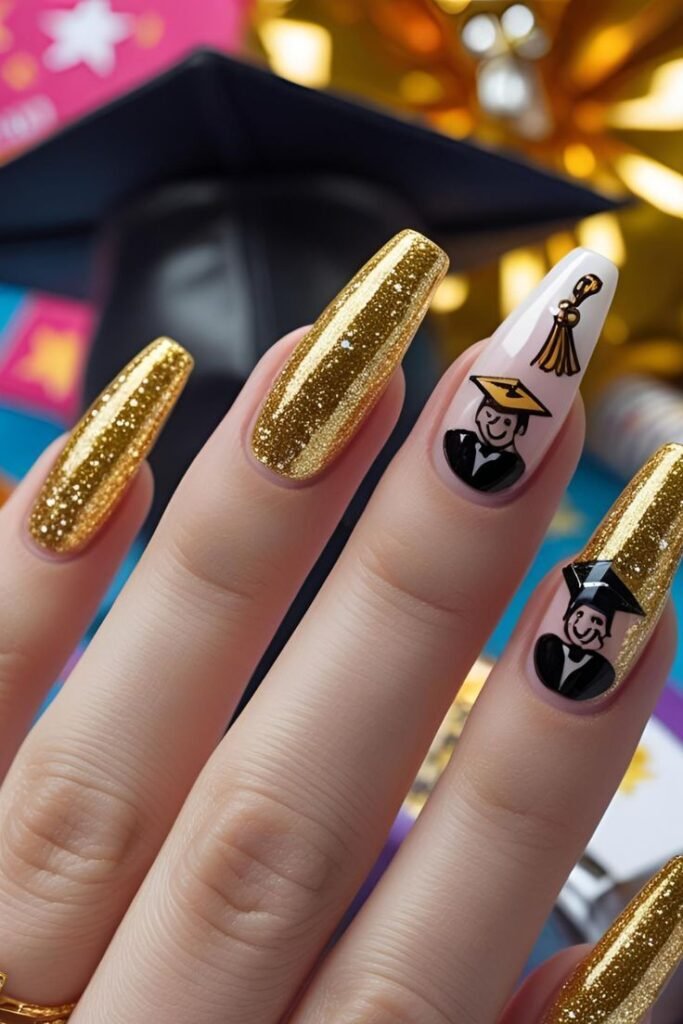 Fun graduation nails ideas with shimmering gold glitter and cute cartoon graduates in caps for a festive and joyful celebration.
