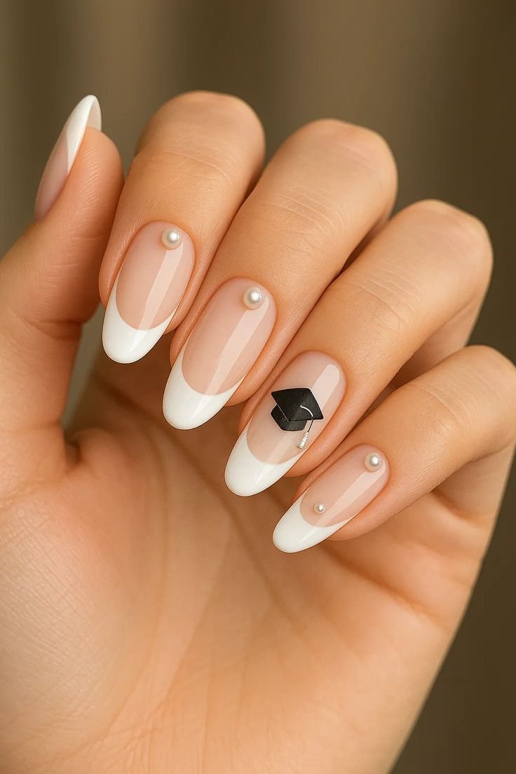 Elegant graduation nails ideas in a French manicure with white tips, accented by a tiny graduation cap and pearl details for a sophisticated touch.