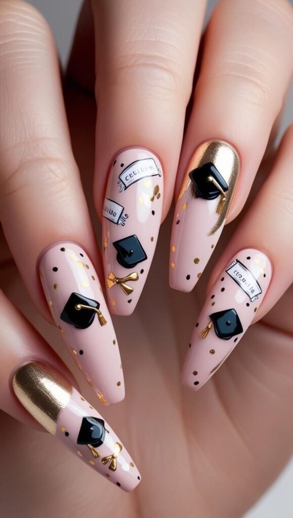 Creative graduation nails ideas showcasing pink bases with gold tips, caps, diplomas, and dotted accents for a festive vibe.