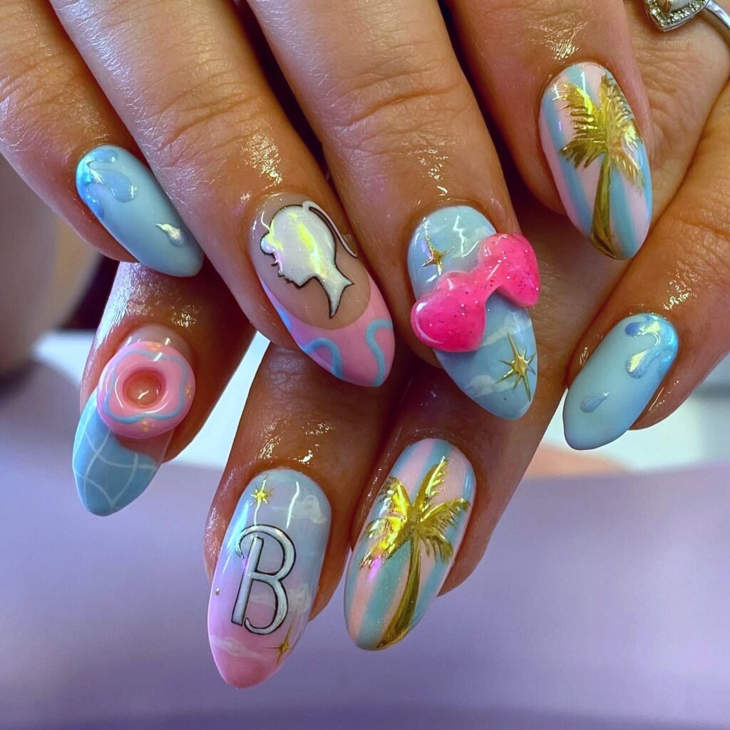 Playful barbie nails inspired by dream themes, including palm trees, bows, and iconic "B" lettering in pastel colors.