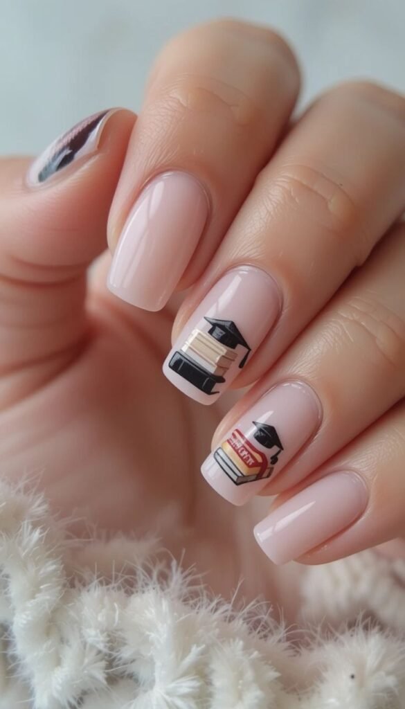 Elegant graduation nails ideas in nude tones featuring book stacks and diploma motifs with caps for a scholarly touch.