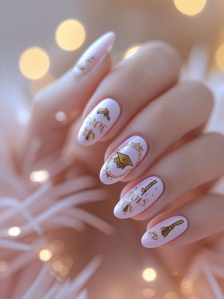 Stylish graduation nails ideas with light pink bases, gold "2024" lettering, caps, quills, and ornate details for celebration.