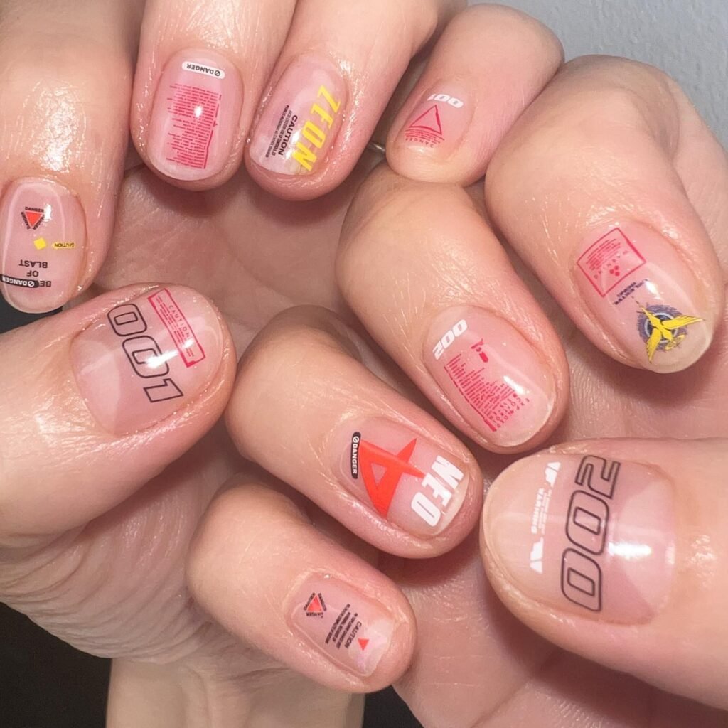 Very short nails ideas with red caution labels and sci-fi motifs.