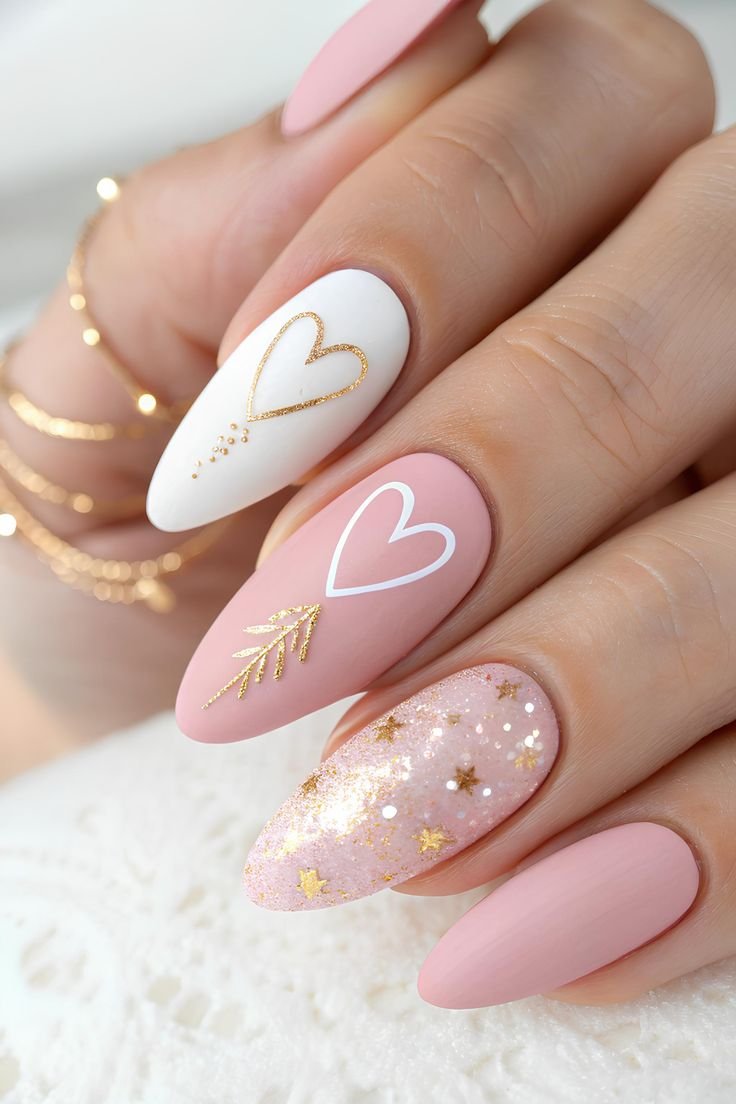 Sophisticated anniversary nails ideas in soft pink hues with gold heart accents, leaf motifs, and starry glitter for a celebratory vibe.