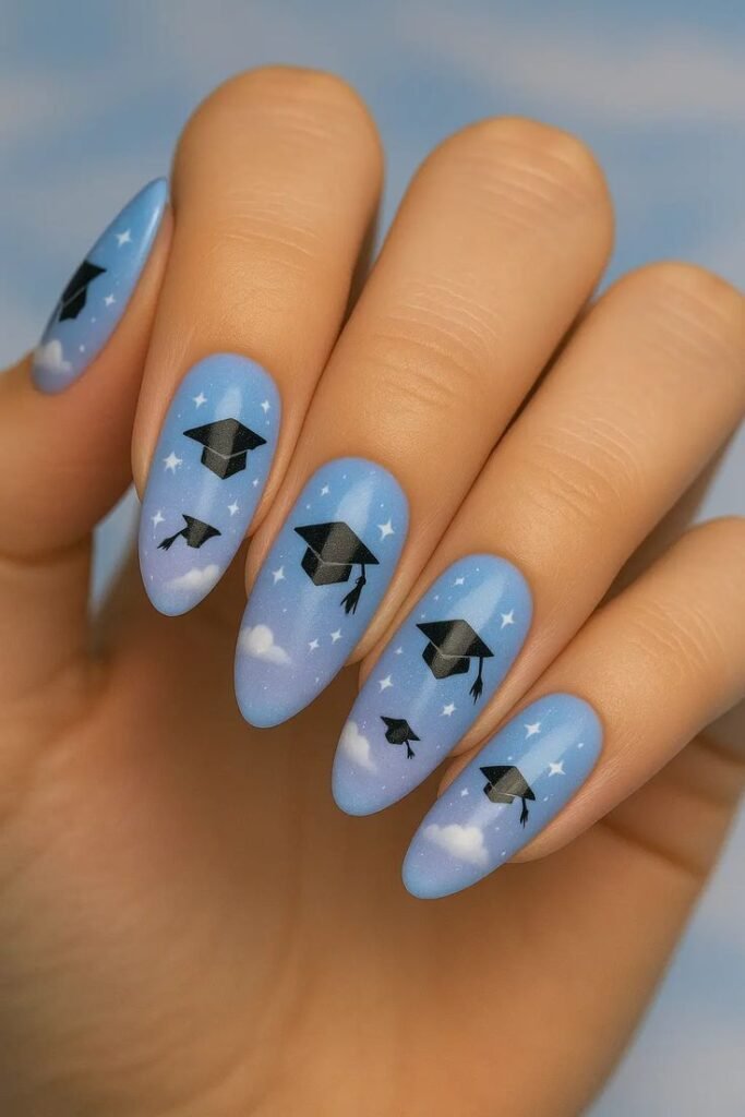 Whimsical graduation nails ideas showcasing a blue sky gradient with floating black graduation caps, stars, and clouds for a celebratory look.