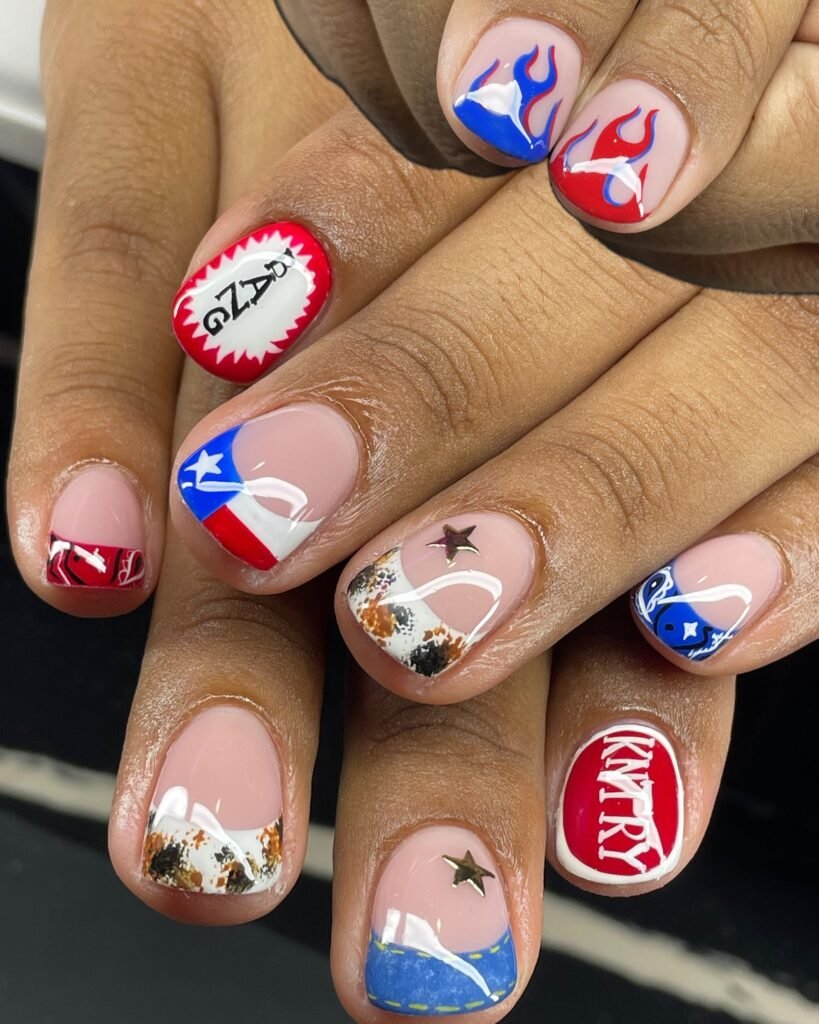 Fun country-inspired concert nails ideas including flames, Texas flags, and stars for a lively country music performance.