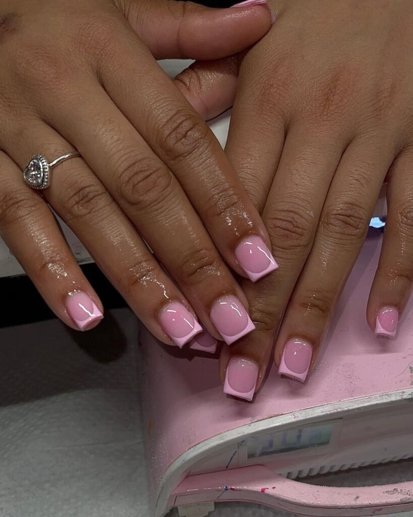 Classic pink nails ideas short using French tip design on square-shaped nails for a clean, sophisticated style.