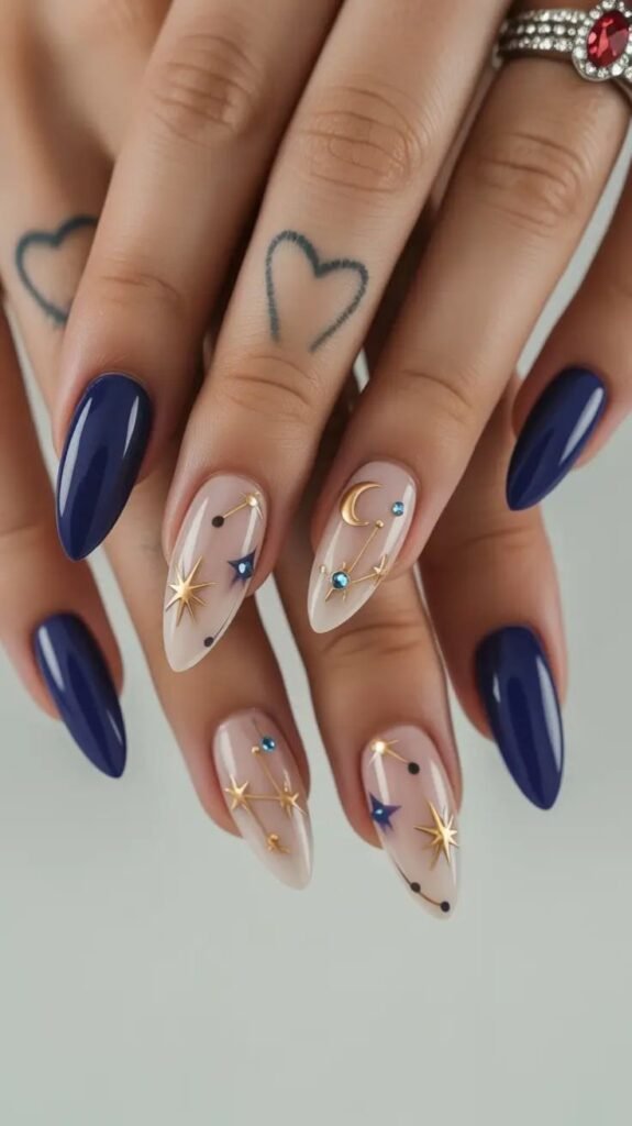 Stunning anniversary nails ideas showcasing celestial motifs in navy blue and nude with gold accents and rhinestones.