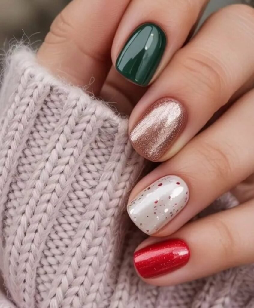 Festive very short nails ideas using a cozy palette of green, gold, speckled white, and red for holiday inspiration.