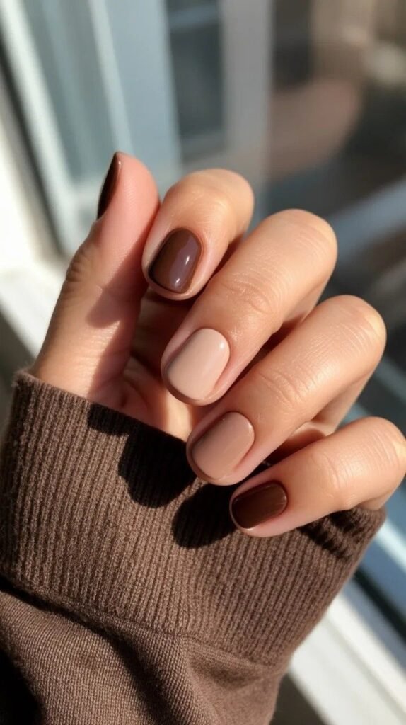 Stylish short brown nails ideas featuring a gradient effect from dark to light tones for an effortless fall vibe.