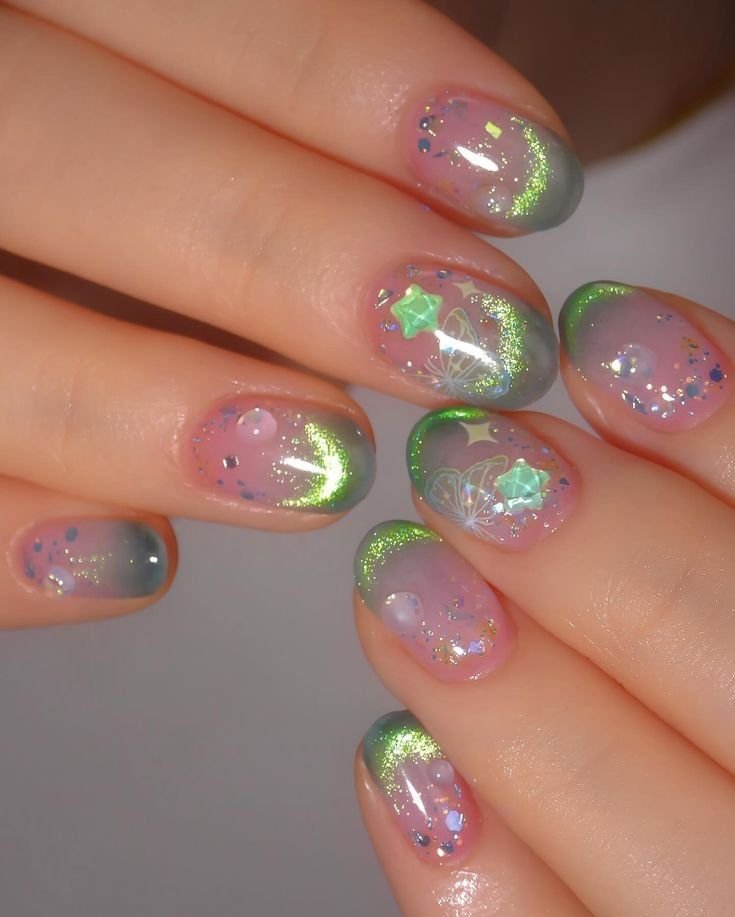 Magical gradient green short round nails ideas with glitter and star embellishments for fantasy vibes.