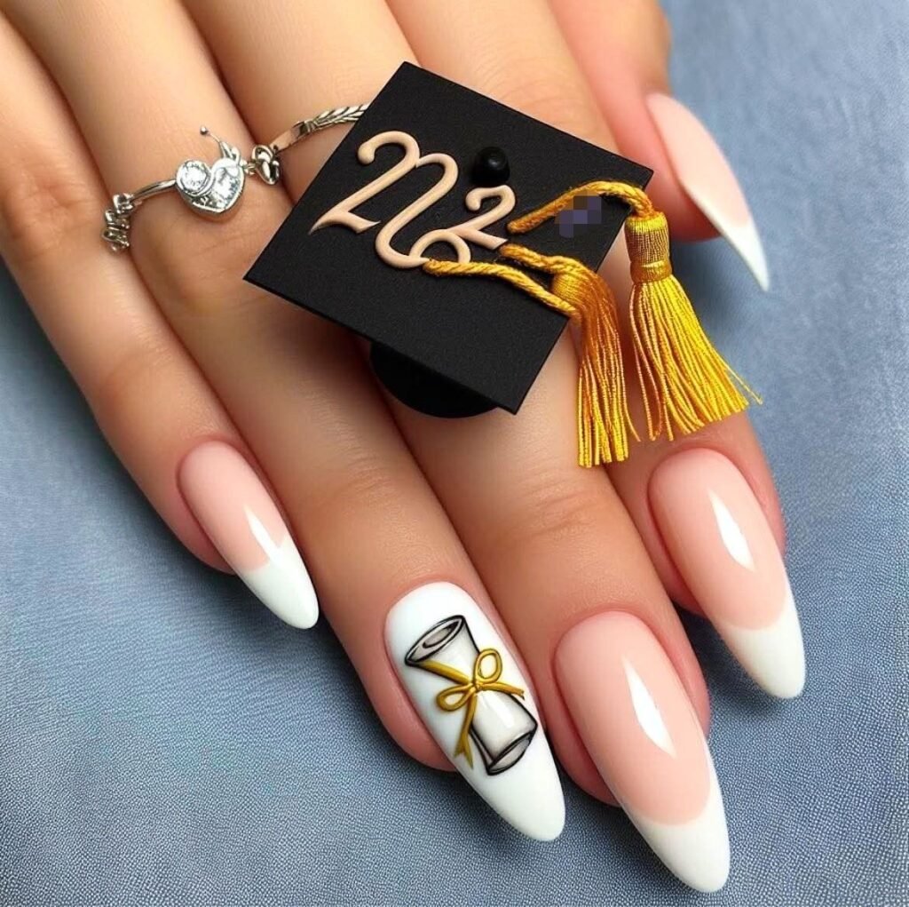 Charming graduation nails ideas featuring French tips, a detailed diploma, and a cap with the year 22 for an academic achievement theme.