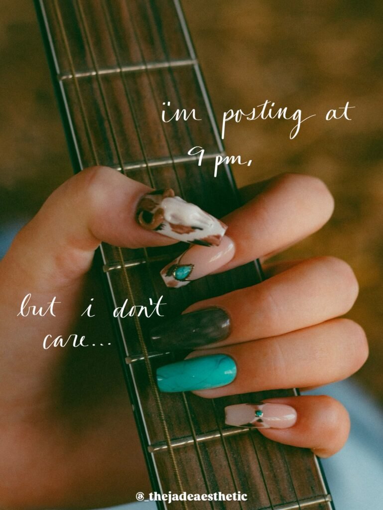 Artistic concert nails ideas with skull, turquoise stones, and gradient designs perfect for a music festival or guitar performance.