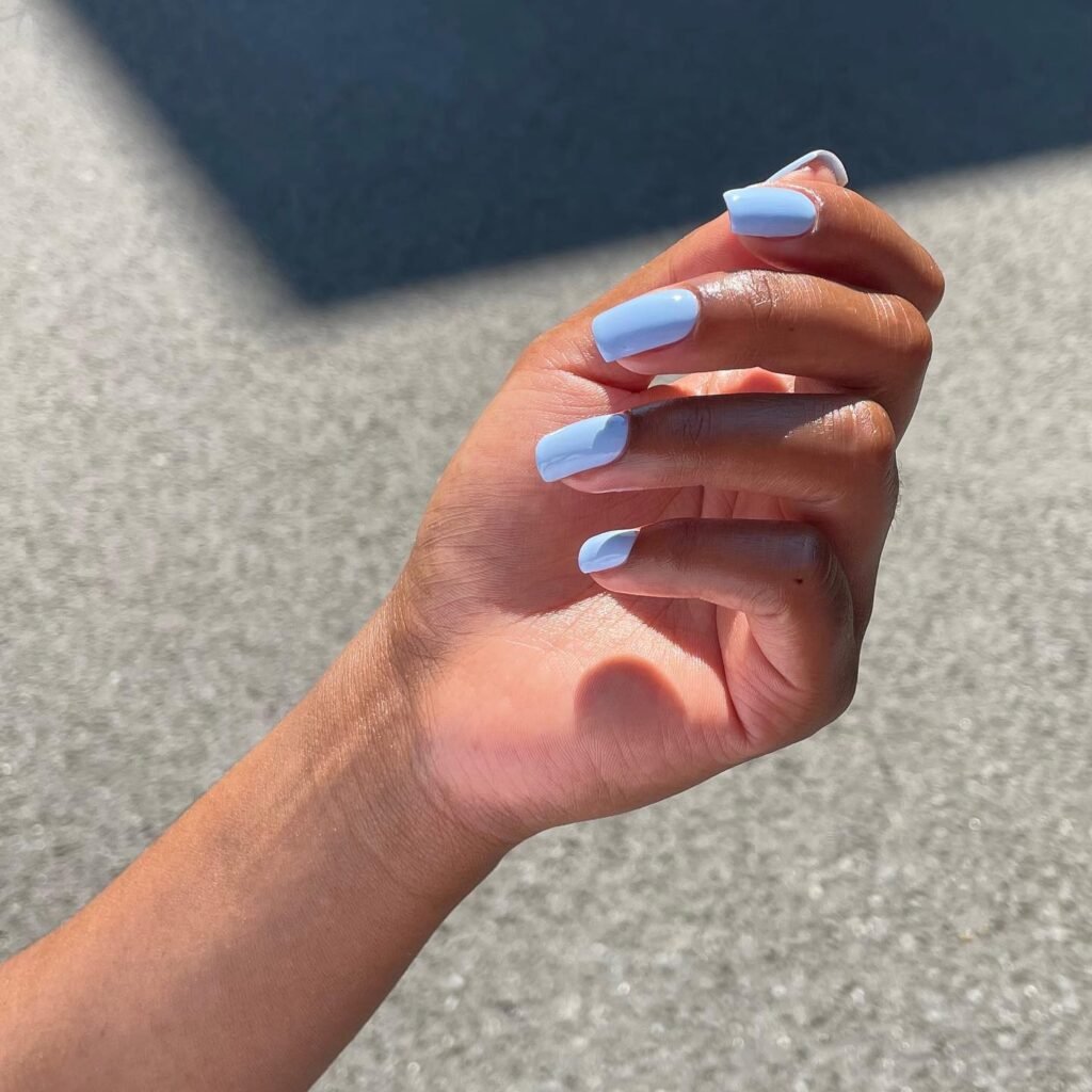 Simple and fresh april nails ideas in soft baby blue for a clean, everyday spring look.