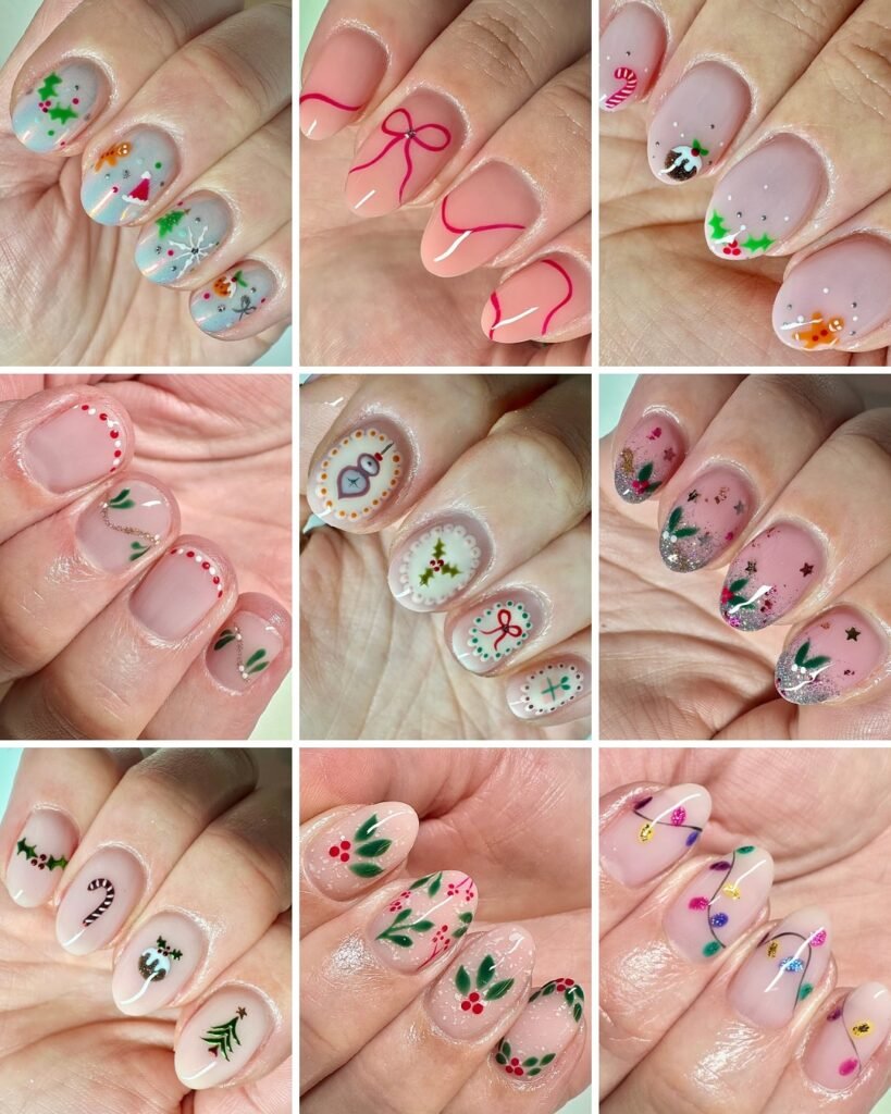 Creative april nails ideas with festive Christmas motifs including holly, bows, and snowmen on beautiful pastel nails.