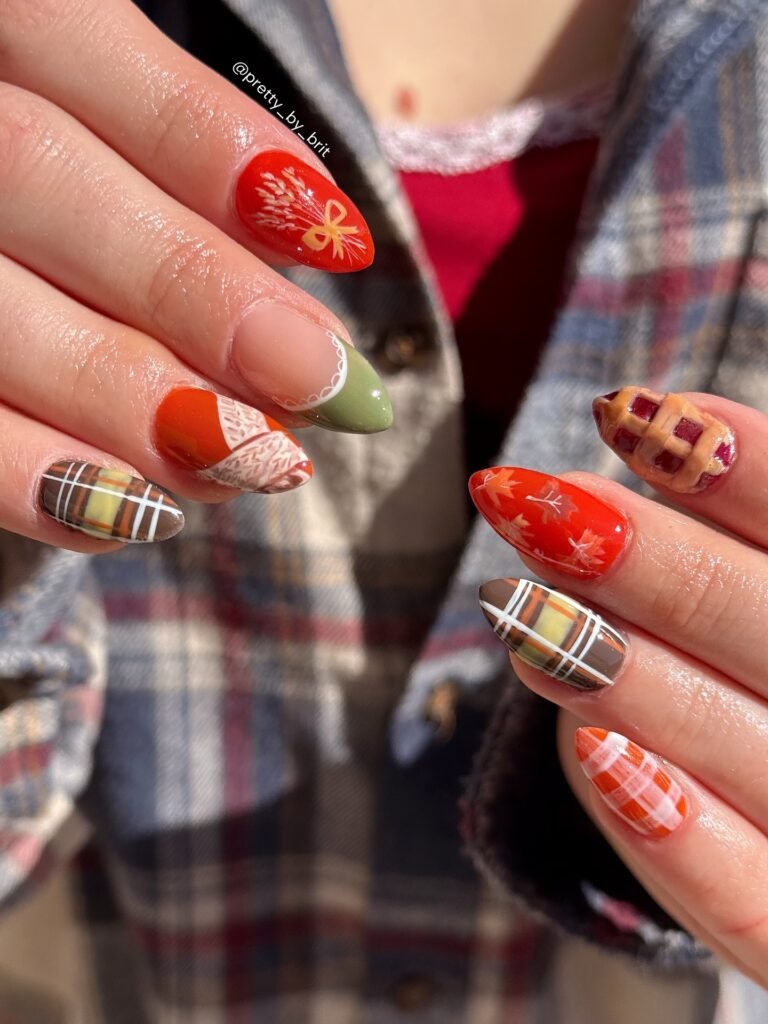 Trendy april nails ideas with cozy fall plaid, bows, and harvest-themed nail designs.