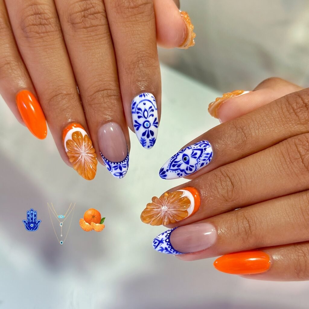 Vibrant april nails ideas with juicy orange citrus 3D nails and bold blue Talavera patterns.