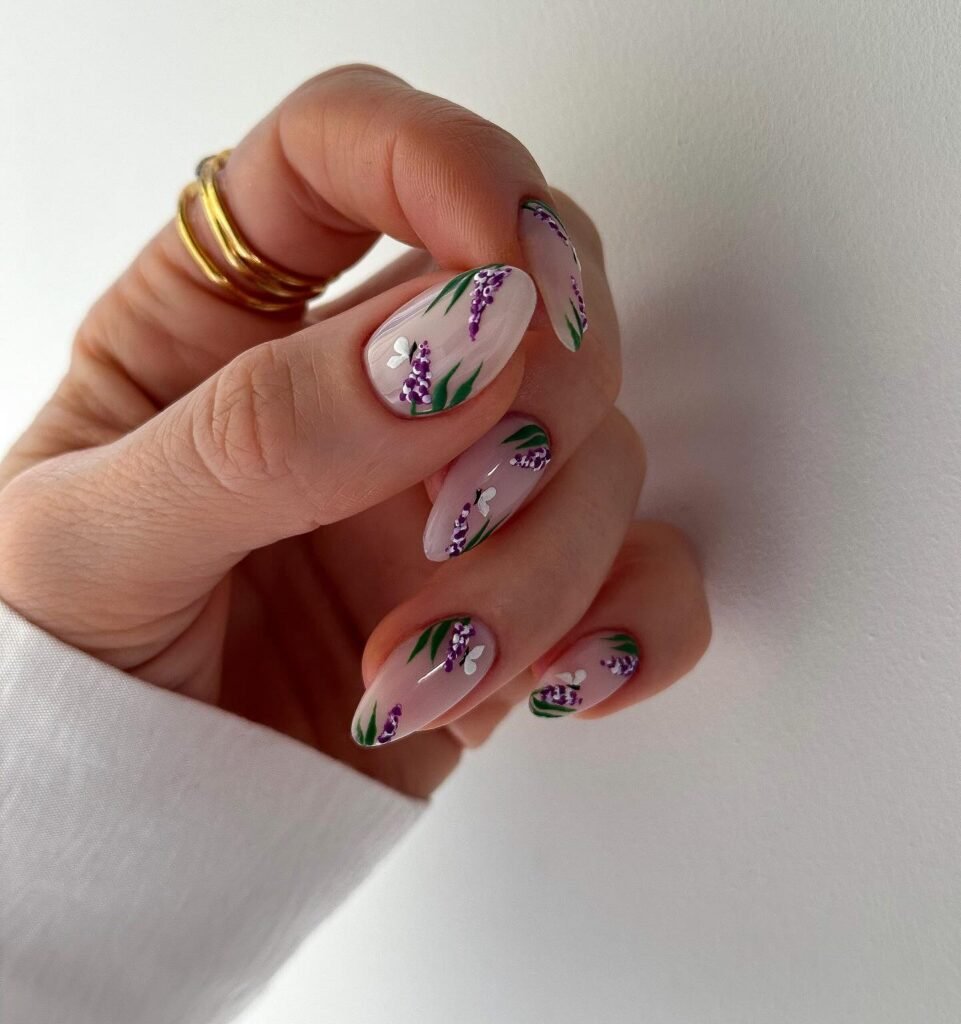 Dreamy april nails ideas inspired by lavender fields with hand-painted floral details.