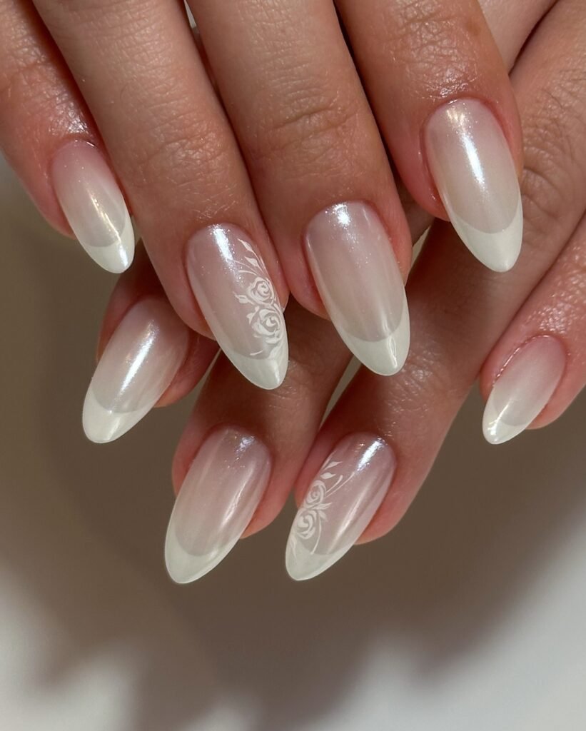 These elegant white floral French tip engagement nails ideas are timeless and feminine, ideal for brides who want subtle yet beautiful nail art.