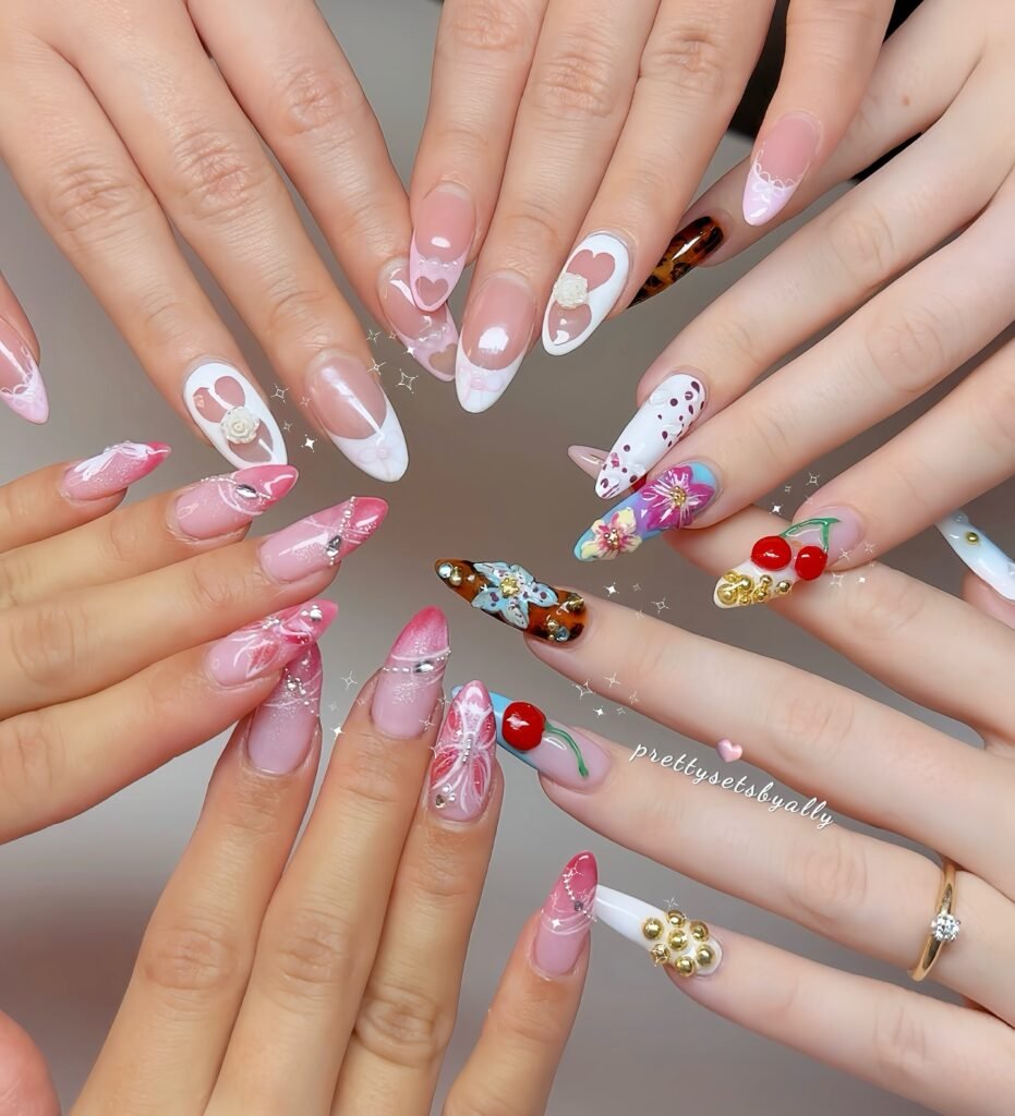 Adorable hawaii nails ideas featuring assorted pink charms like cherries and hearts with floral and gem details for a cute tropical collection.