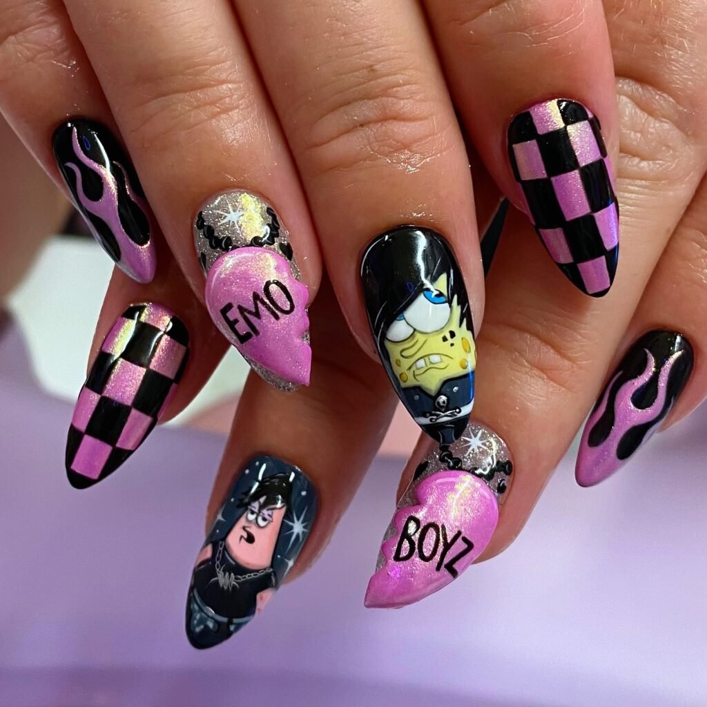 Dive into these fun yet fierce emo nails ideas featuring pink checkerboard, flame designs, and cartoon characters like emo SpongeBob and Patrick with “EMO” and “BOYZ” heart accents