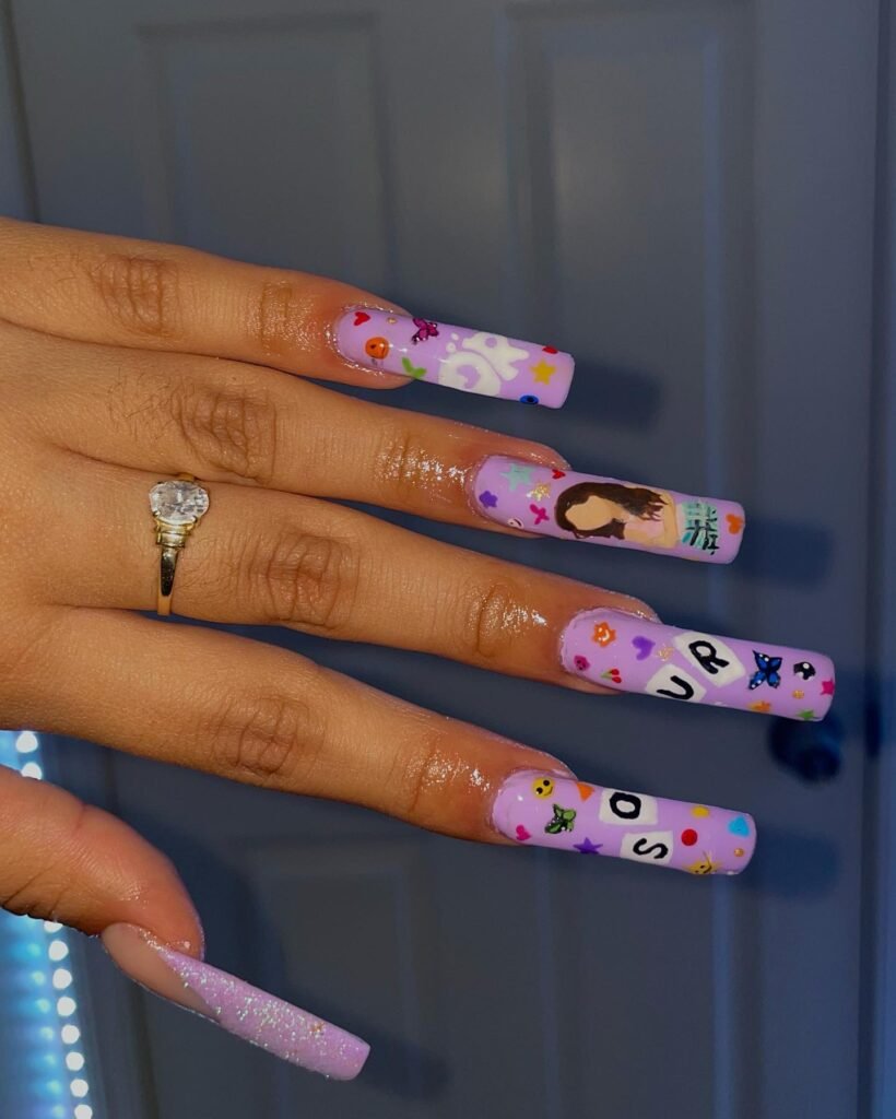 Creative olivia rodrigo nails ideas on long purple nails with Olivia portrait and GUTS album elements