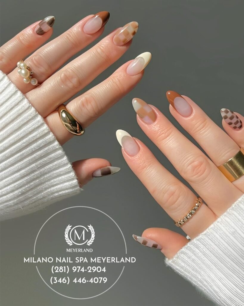 Stylish beige nails mixing checkered patterns and brown ombre French tips