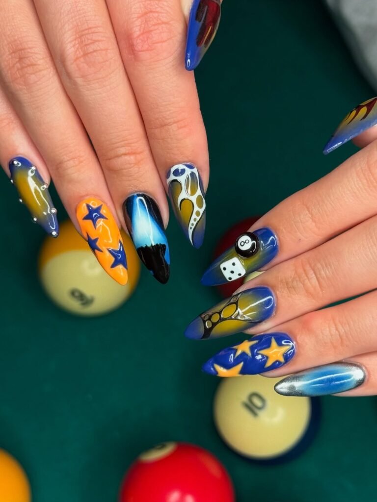 Cool blue and yellow billiards themed billie eilish nails ideas with stars, 8-ball and dice nail art