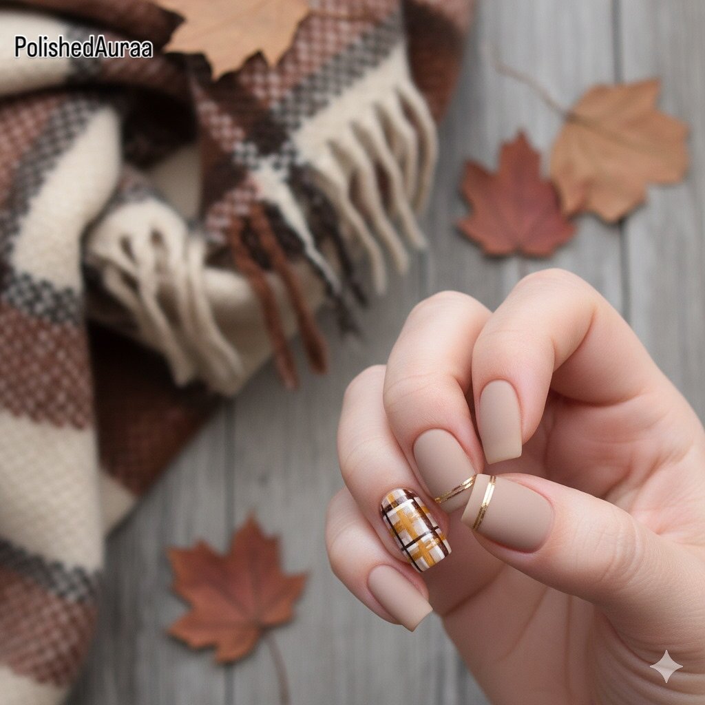Warm beige nails with plaid accent and gold lines in autumn setting