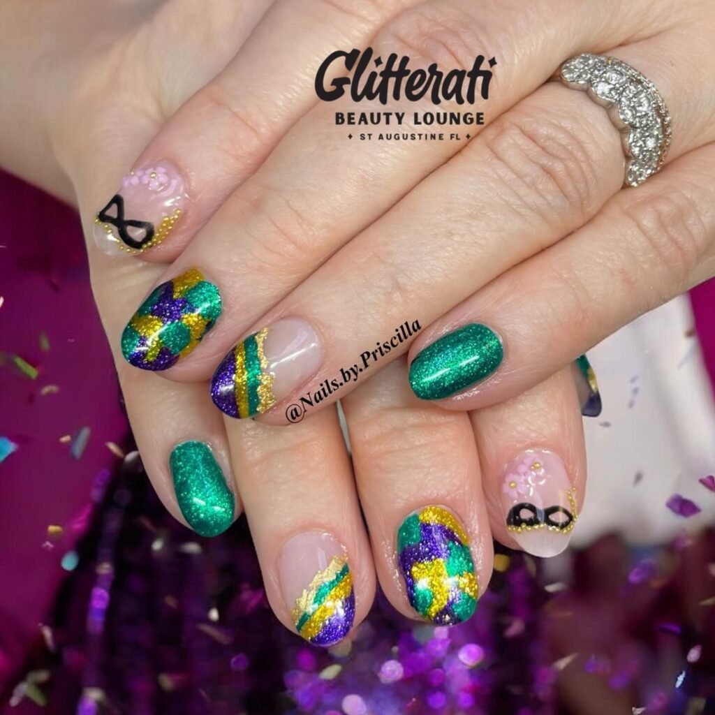 Colorful glitter green purple gold nails with black mask details perfect for Mardi Gras nails ideas