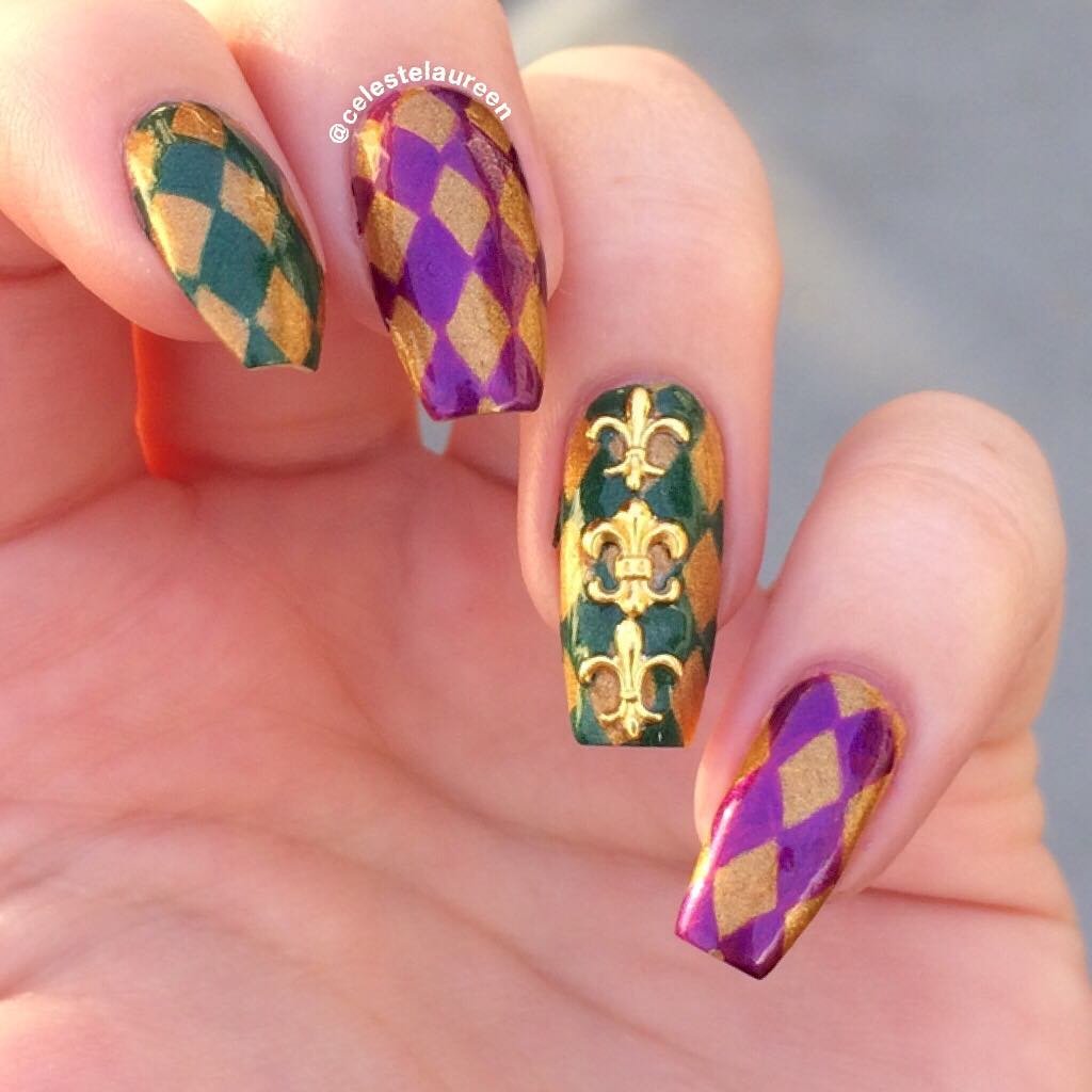 Long coffin nails with purple and green harlequin pattern in classic Mardi Gras nails ideas featuring gold fleur-de-lis