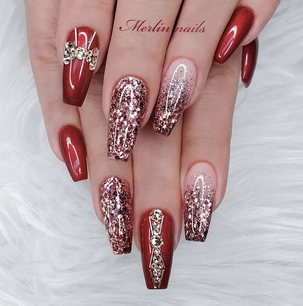 Bold red nails with rose gold glitter and crystal bows ballerina nails designs ideas