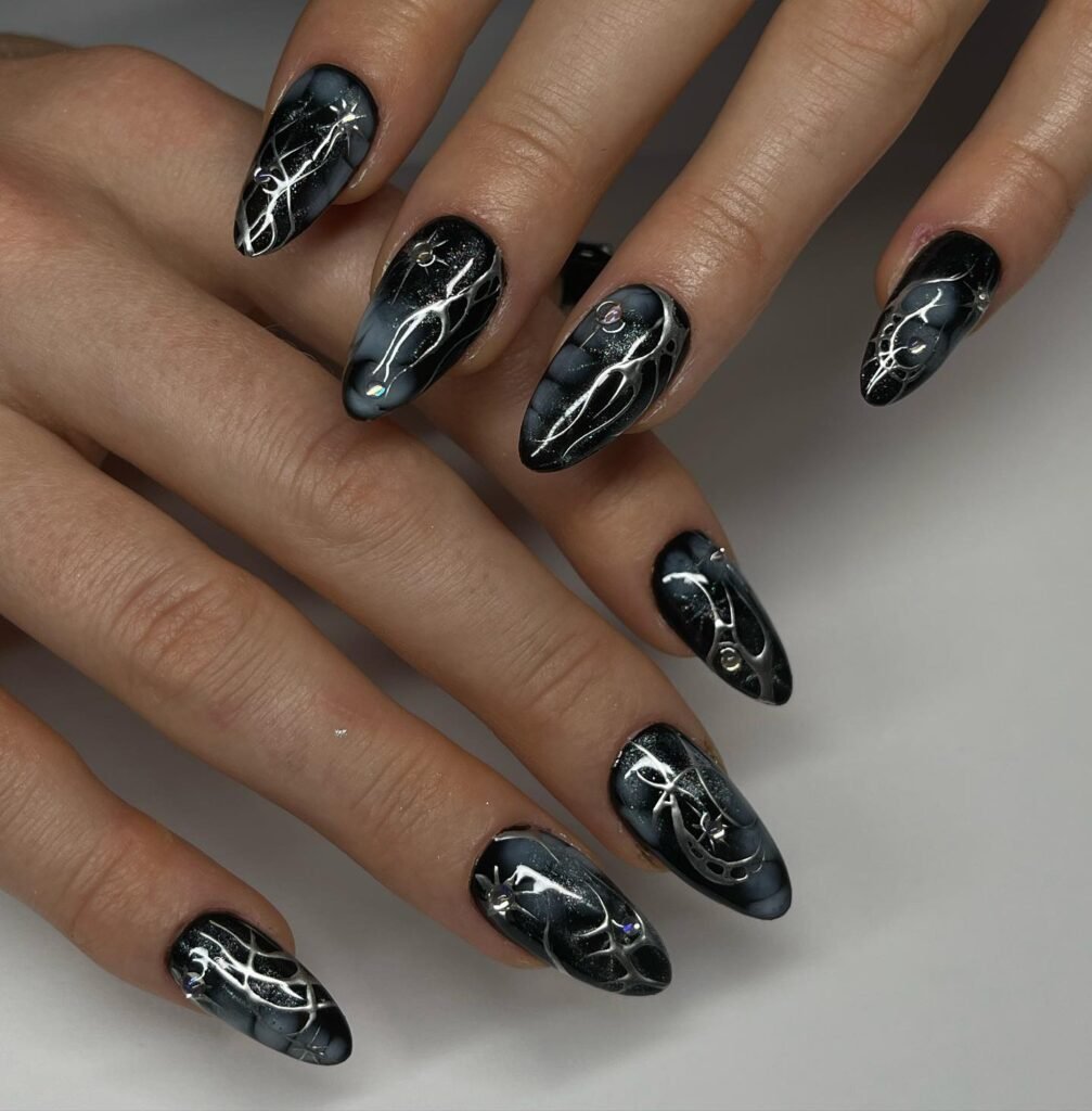 Black gradient nails with metallic silver ballerina ribbon details ballerina nails designs ideas