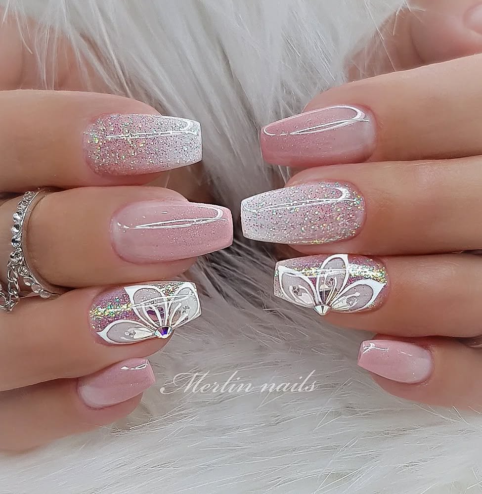 Pink glitter gradient nails with intricate silver ballerina shoe designs ballerina nails designs ideas