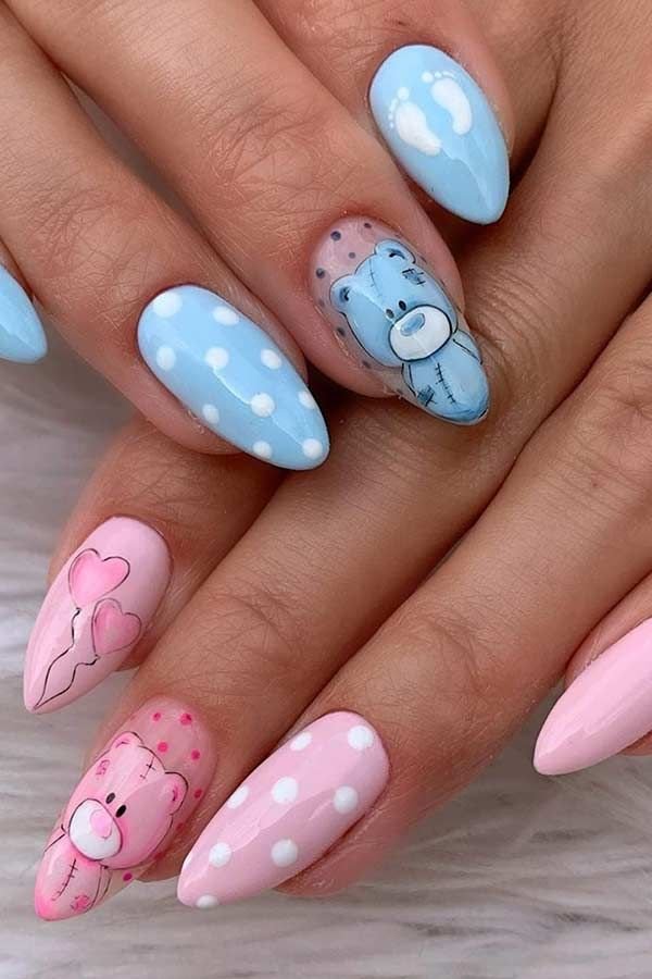 Adorable pink and blue teddy bear gender reveal nails ideas with polka dots, footprints and heart balloons