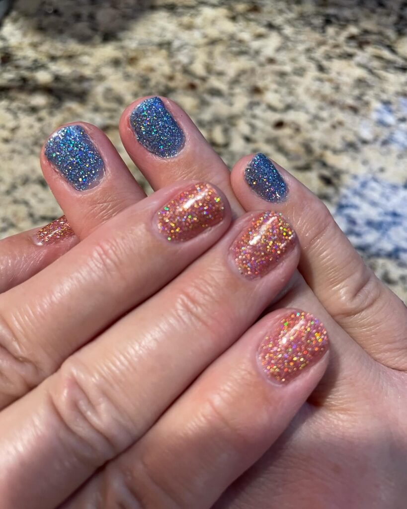 Fun holographic glitter senior nails ideas mixing blue and rose gold sparkle