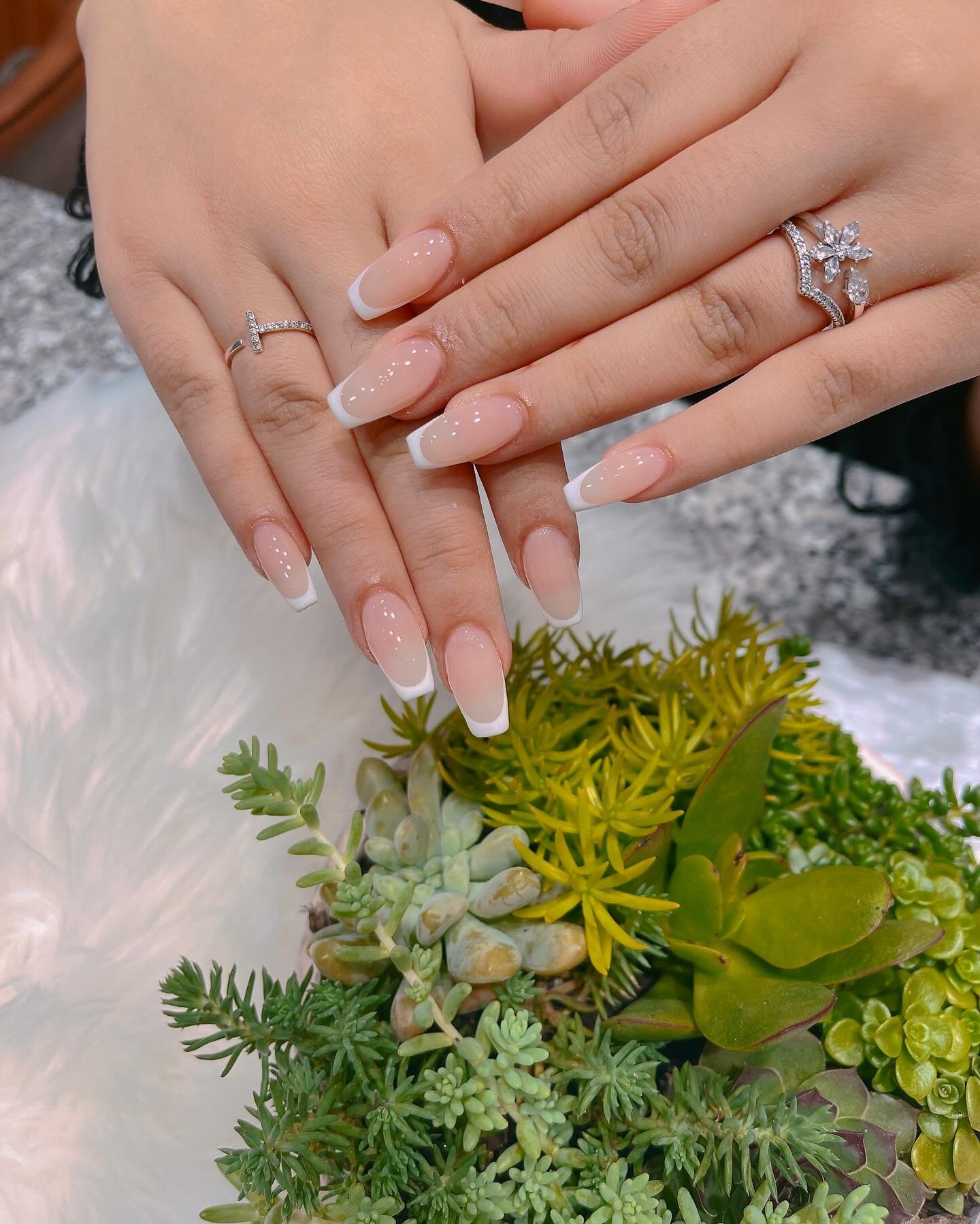 A close-up of two hands adorned with diamond rings resting near green succulents, featuring long, coffin-shaped natural french tip nails with a glossy nude base and crisp white edges.