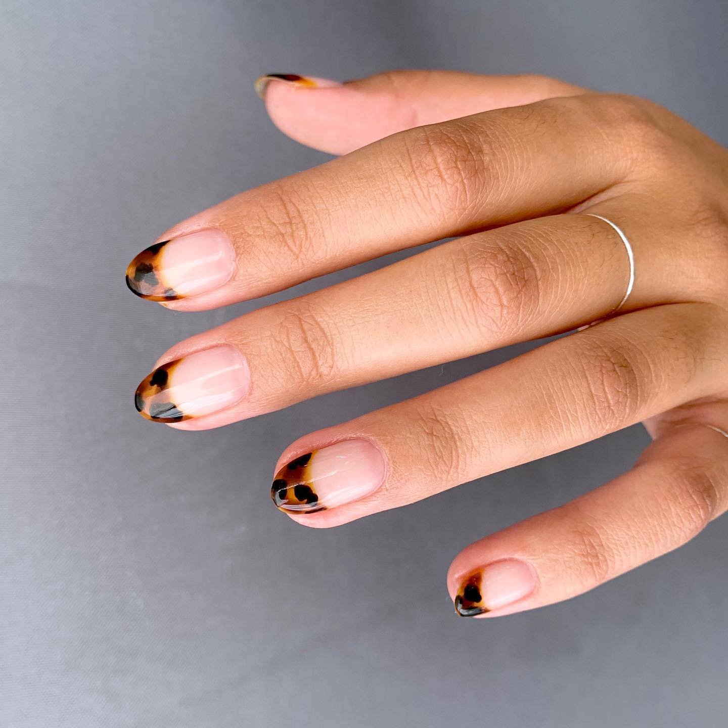 A close-up of a hand with short, rounded nails featuring a sheer pink base and classic brown-and-black spotted tips, showcasing elegant tortoise shell french tip nails against a neutral grey background.