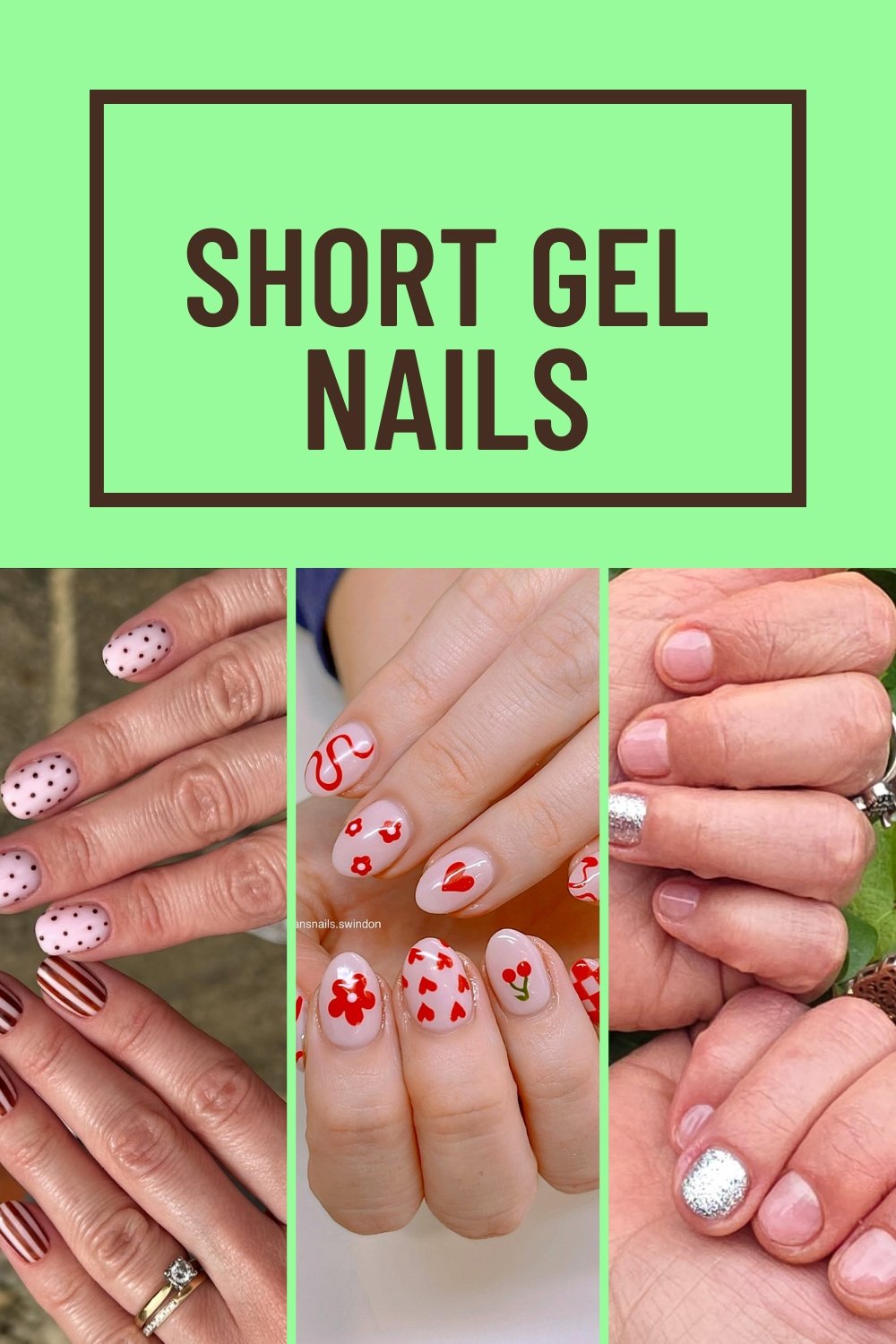 Collage of short gel nails ideas featuring pink polka dots, red floral designs, and natural nails with silver glitter accents.