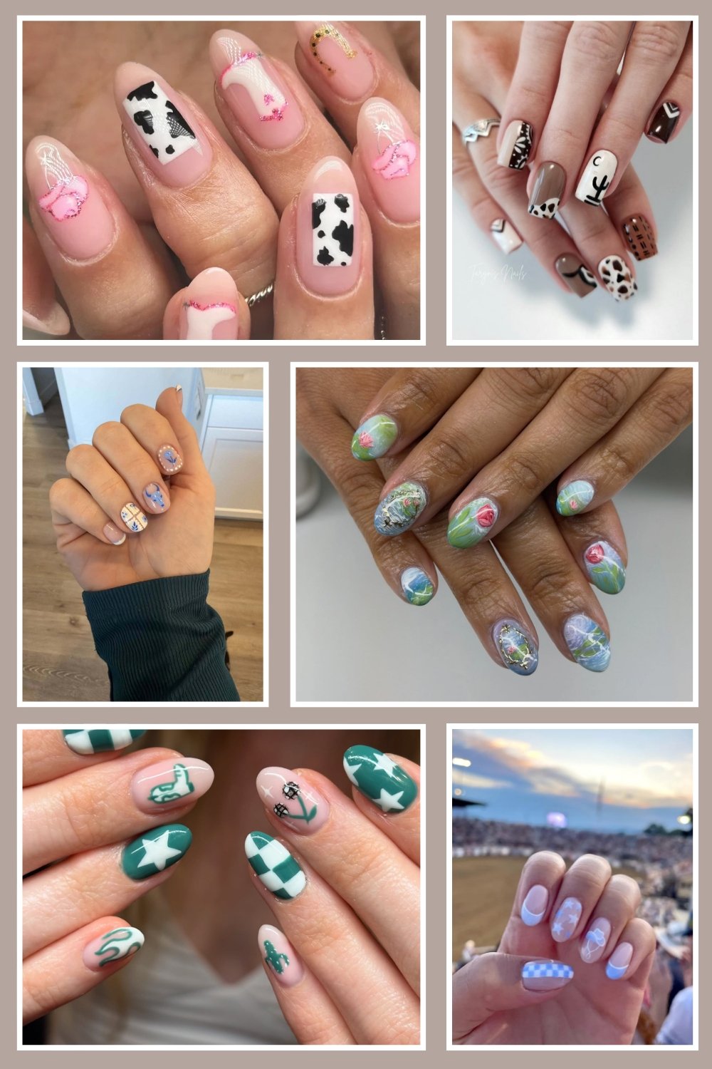 A six-panel collage showcasing western-themed Nashville nails ideas, featuring cow print, pink cowboy boots and white hats, cactus silhouettes, green checkerboard patterns with white stars, pastel blue cloud designs, and scenic landscape nail art.