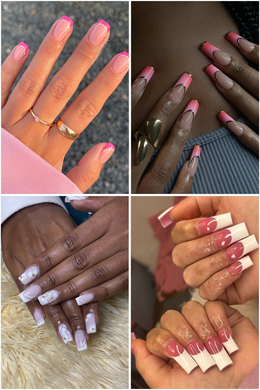 A four-panel collage showcasing various square french tip nails ideas. Top left shows pink square french nails with pearl dots. Top right features a nude base with hot pink and gold micro-french square nails. Bottom left displays white square french tip nails with pearl embellishments. Bottom right shows white tips with pink smiley faces and gold swirls.