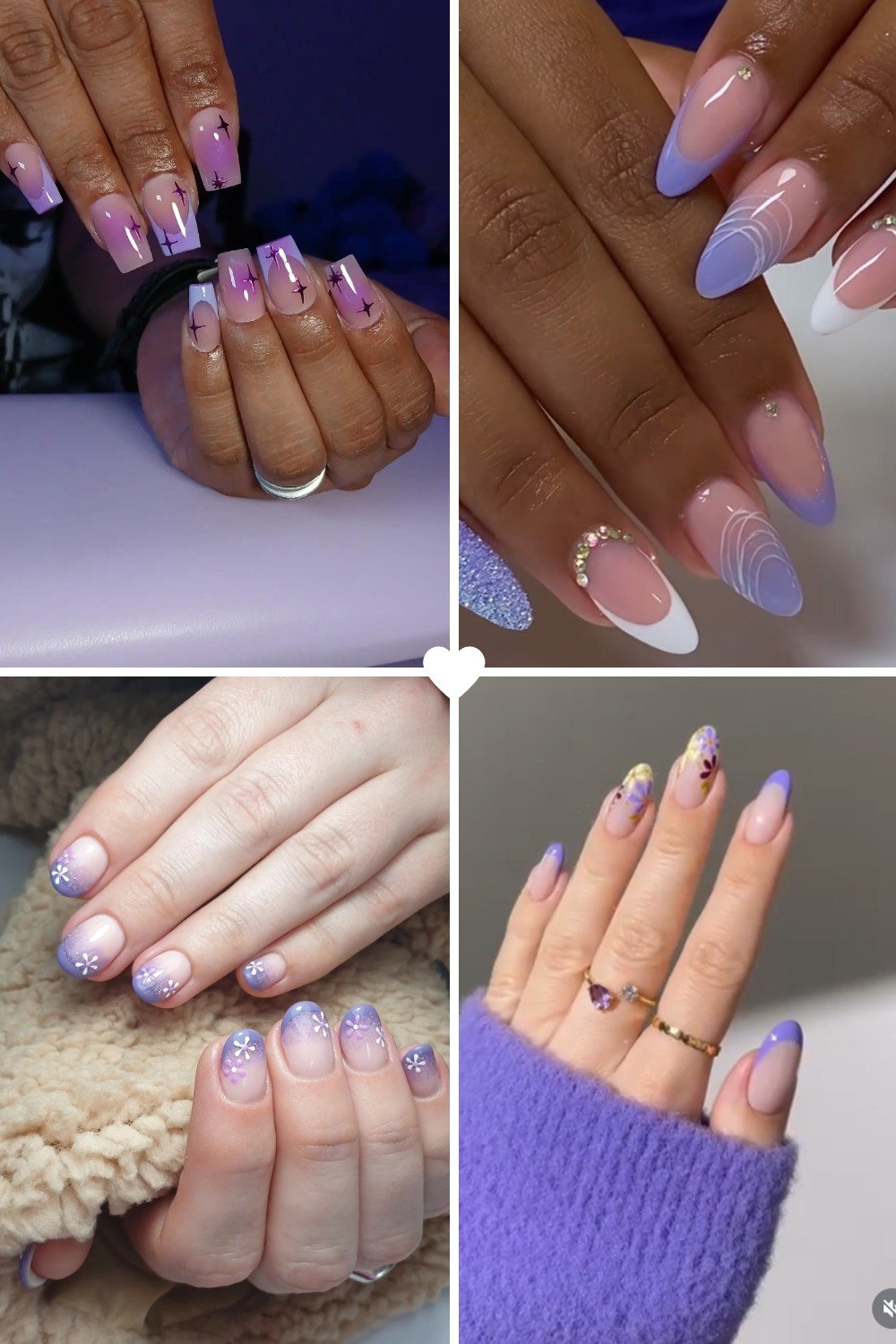 A four-panel collage showcasing various **Purple french tip nails Ideas** across different shapes and lengths, including square nails with thin star line art, almond nails with periwinkle and white wavy tips, short round ombre nails with white floral accents, and light lavender tips with delicate gem and floral decorations.