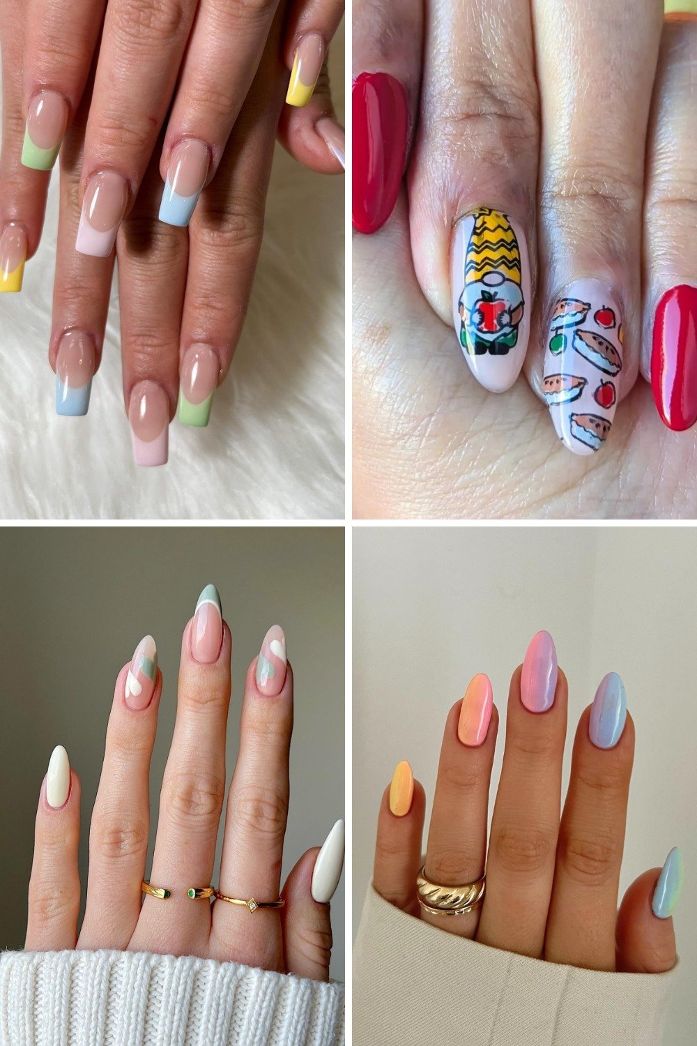 A four-panel collage showcasing painted nail ideas, featuring pastel multi-colored French tips on square nails, detailed cartoon and apple pie art on long almond nails, abstract mint and peach color-blocking, and a pastel multi-colored ombre look on short almond nails.