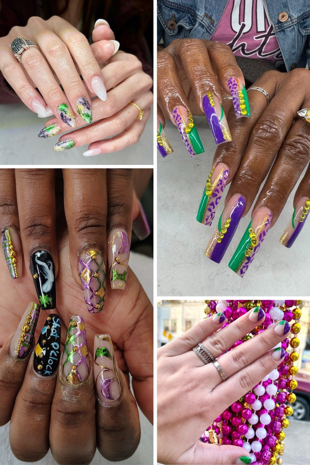 A four-panel collage showcasing festive mardi gras nails ideas, including almond shapes with purple, green, and gold glitter tips; long coffin nails featuring leopard print and 3D gold bead chains; elaborate designs with lattice netting, stars, and graphic accents; and shorter nails with abstract color-blocked tips photographed alongside traditional Mardi Gras bead necklaces.