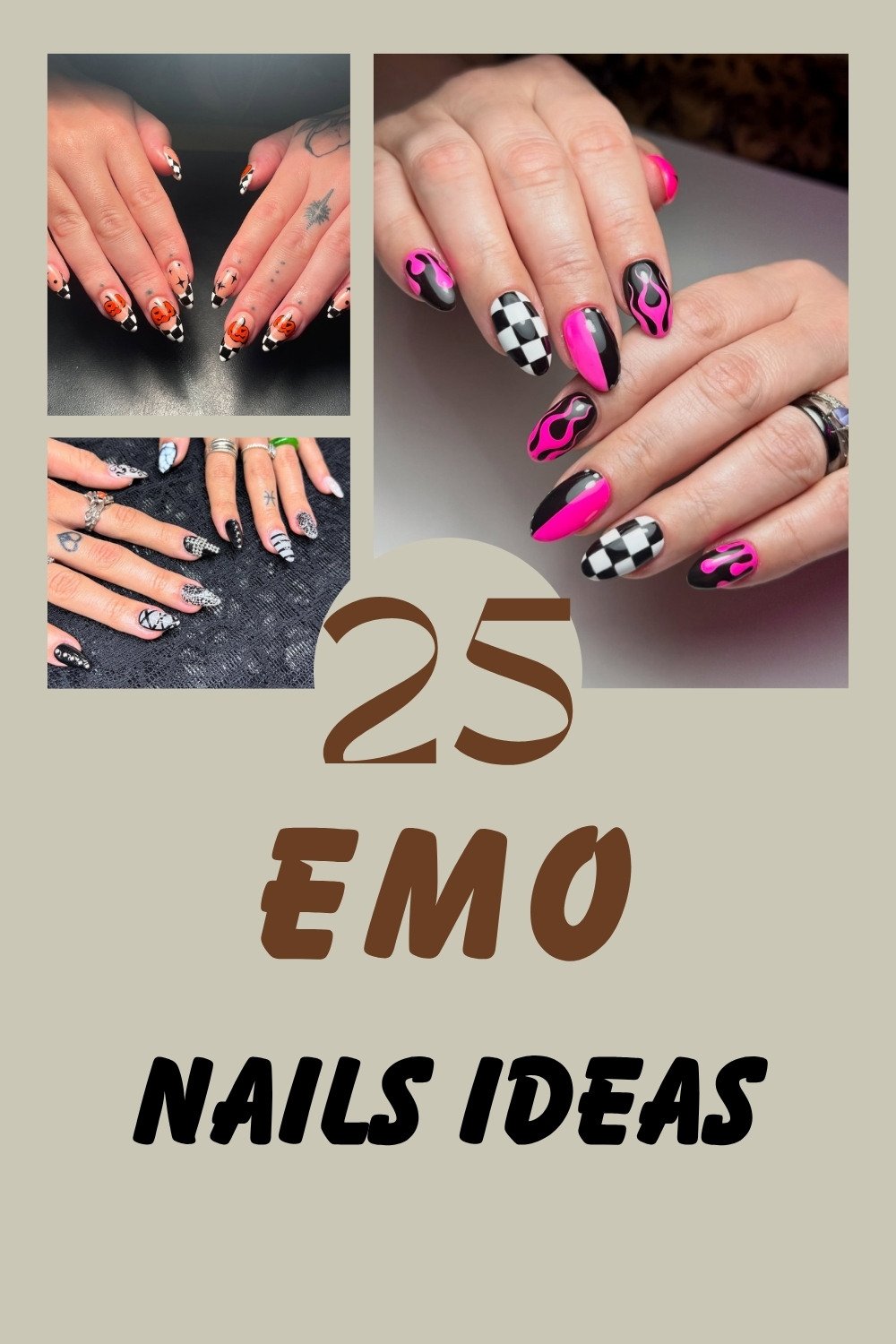 Graphic with brown and black text reading "25 EMO NAILS IDEAS" featuring a collage of edgy alternative manicures, including orange grunge tips, black and white chevron patterns, and a prominent display of black and white checkerboard designs, bright pink color-blocking, and flame nail art.