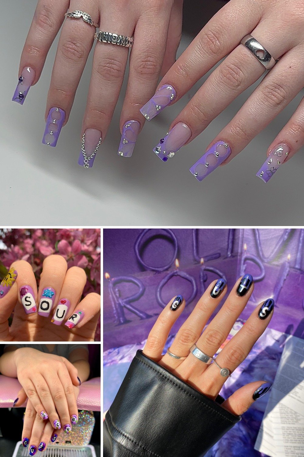 A collage featuring several purple and edgy manicures inspired by the singer, including long lavender square nails adorned with silver rhinestone chains and hearts, short purple nails spelling "SOUR" with white letter tiles, and black iridescent nails with white lettering worn with a black leather glove.