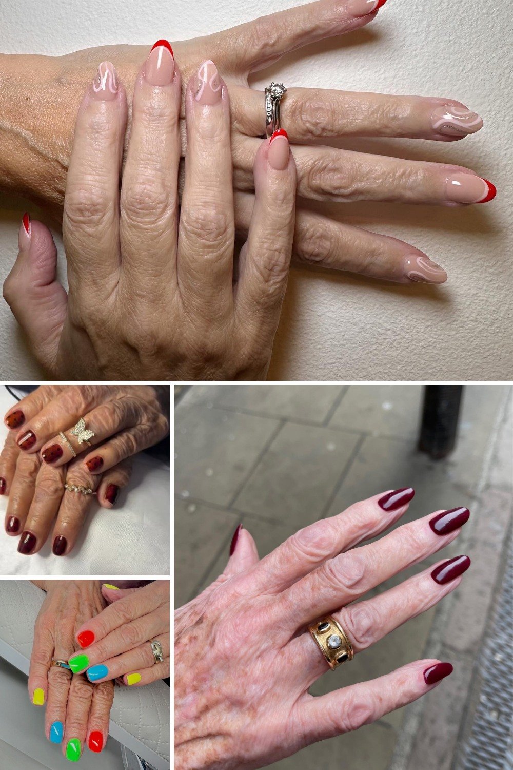 A four-panel collage of mature hands showcasing elegant manicures, including nude base nails with red French tips and white swirls, solid dark burgundy polish, vibrant multi-colored neon French tips, and glossy deep red almond nails paired with gold rings.