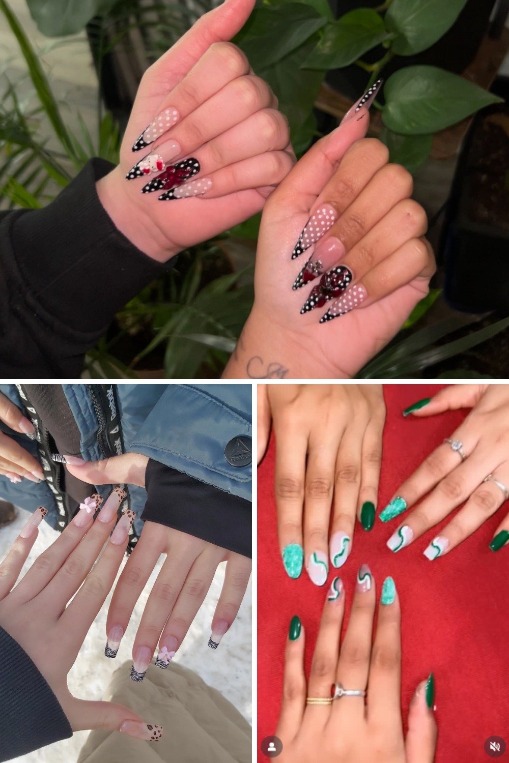 A three-panel collage showcasing coordinating best friend nails ideas, featuring long stiletto nails with nude bases, black-and-white dotted patterns, and dark red cherry accents; leopard-print tips paired with 3D pink flowers; and mix-and-match dark forest green and mint green swirled designs.