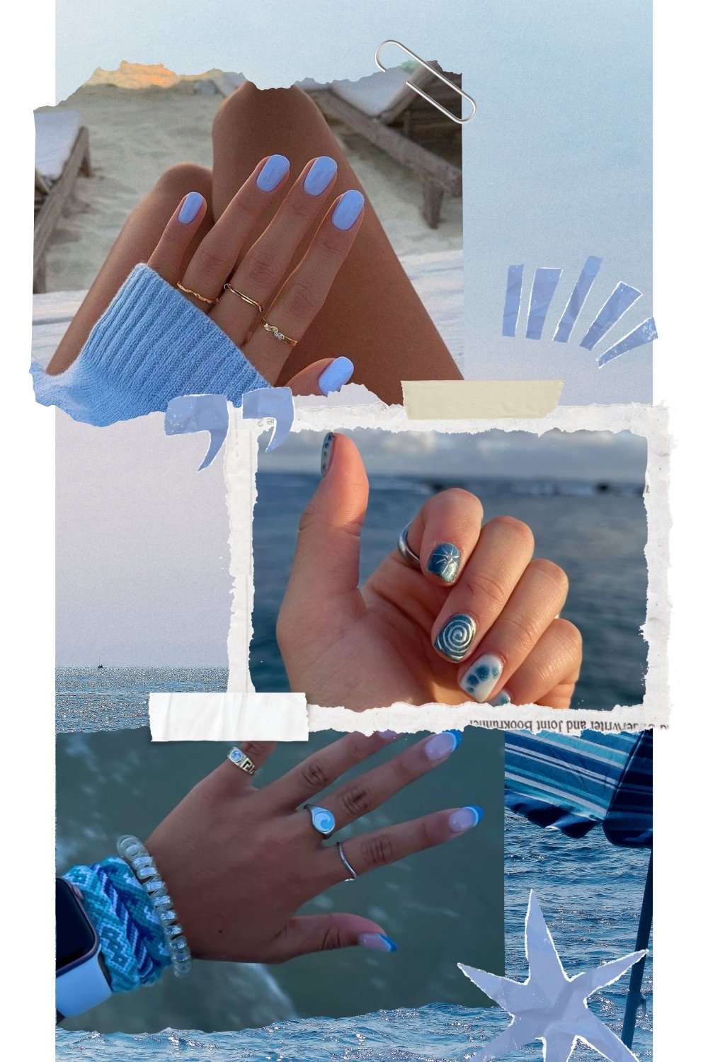 A scrapbook-style collage with torn paper edges, tape, and a paperclip, displaying three close-up photos of hands showcasing blue short round nails summer designs, including solid pastel periwinkle polish, ocean-inspired nail art with palm trees and spiral waves, and pale blue nails with white tips, all captured against a beach and ocean background.