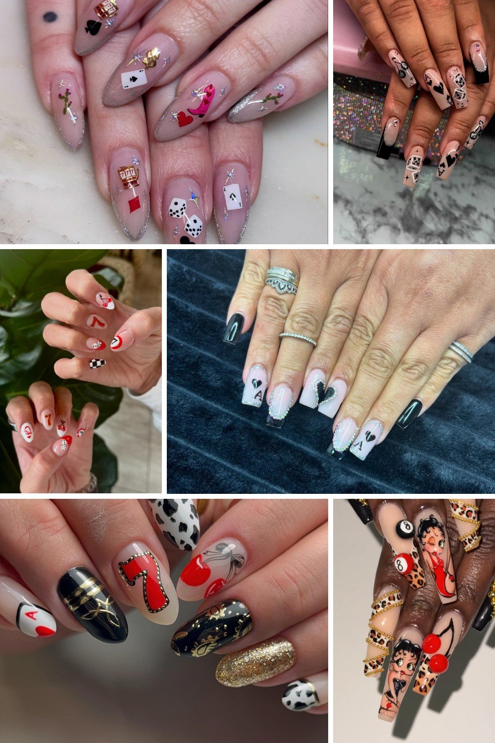 Vegas nail ideas: A six-panel collage featuring casino-themed manicures, including 3D playing cards, dice, and slot machines on nude almond nails; red card suit nail art on short nails; black spade and heart designs with rhinestones; lucky red 7s with cow print and gold glitter; and long coffin nails showcasing Betty Boop, 8-balls, cherries, and leopard print accents.